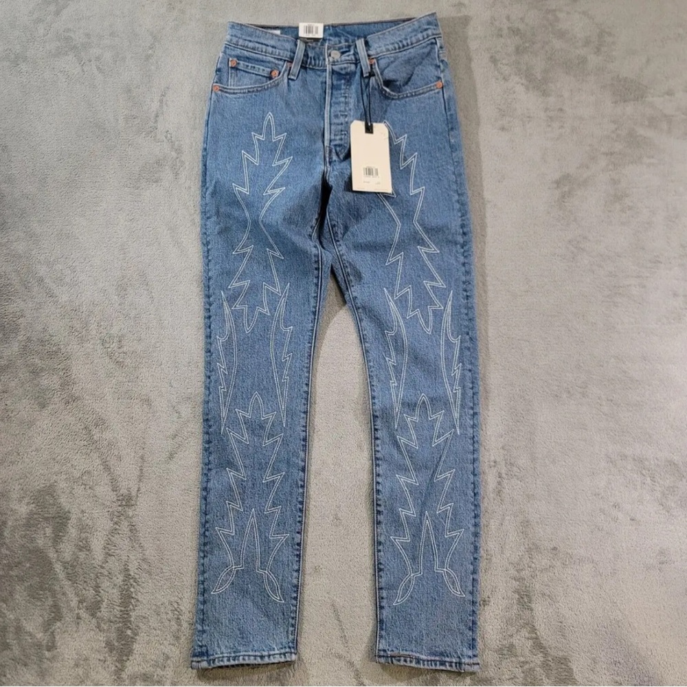 Levi’s 501 Premium Del Norte Jeans Womens 27 Western Flame Embroidery Skinny